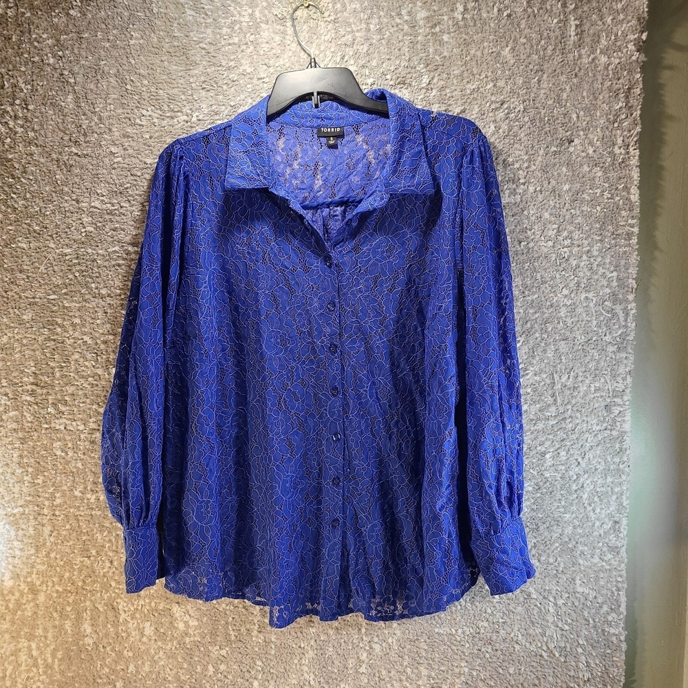 Torrid Shirt Women 3, 3X Lace Floral Blouse Long Sleeve Button Up Blue Preppy